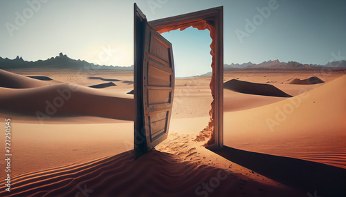 Opened door on desert. Unknown and start up concept, Ai generated image