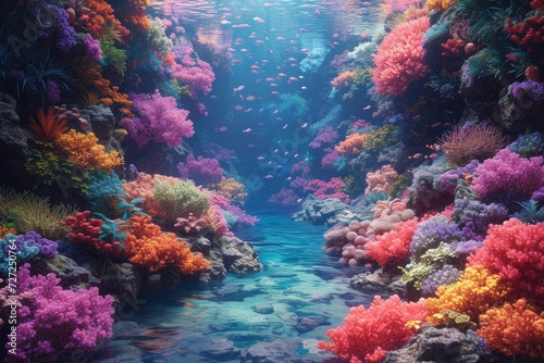 A mesmerizing underwater oasis, teeming with vibrant marine life and intricate coral formations, captured in a peaceful stream of crystal clear water © Larisa AI