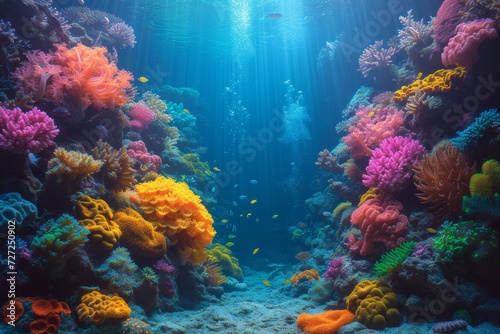 A vibrant underwater world teeming with colorful fish and intricate coral formations awaits in this mesmerizing marine snapshot
