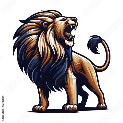 Wild roaring lion full body vector illustration, zoology illustration, majestic predator safari animal big cat design template isolated on white background