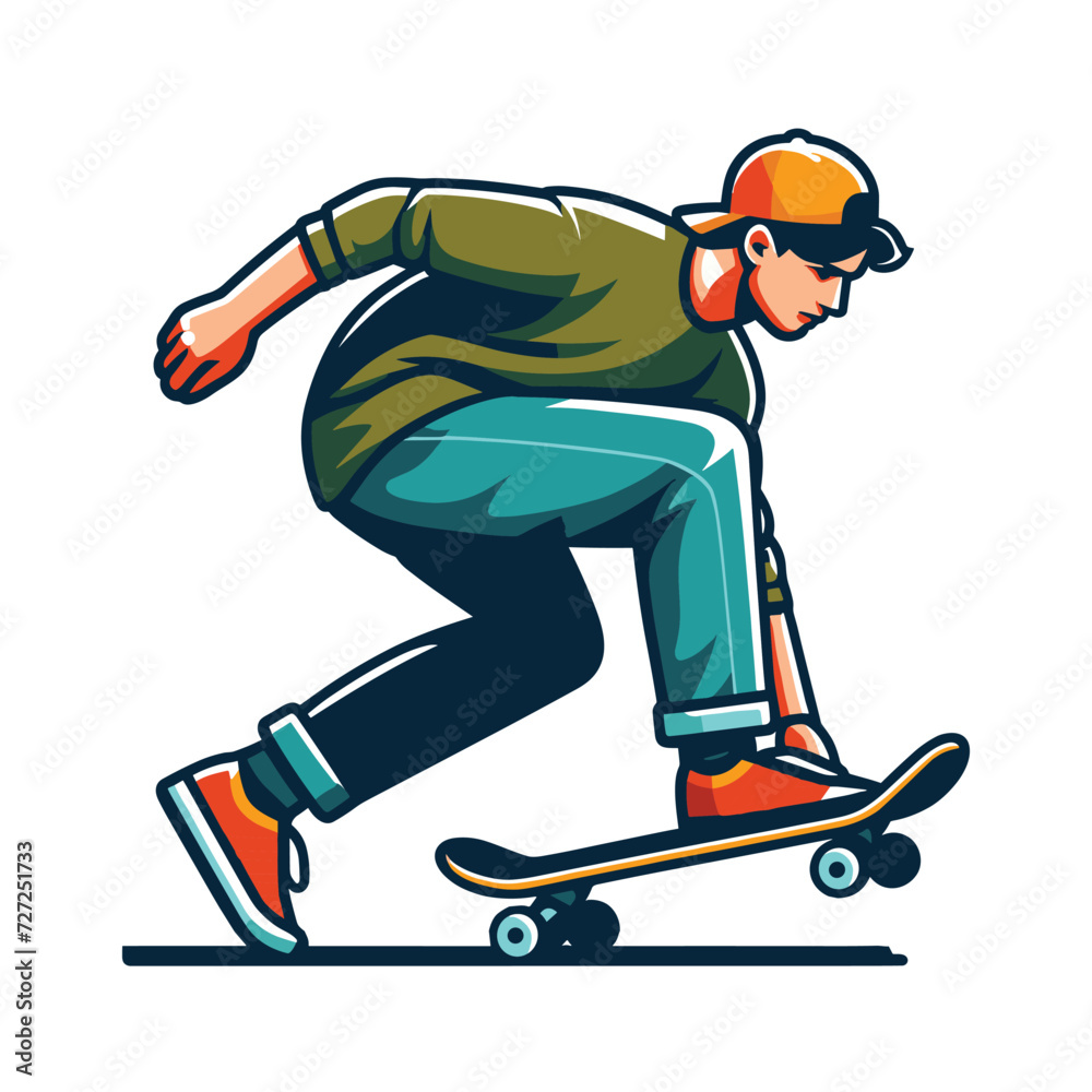 Obraz premium Man playing skateboard vector illustration, skateboarding sport game male player in action flat design style template isolated on white background