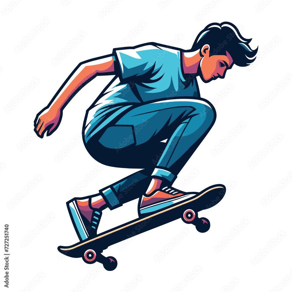 Man playing skateboard vector illustration, skateboarding sport game male player in action flat design style template isolated on white background Man playing skateboard vector illustration, skateboarding sport game male player in action flat design style template isolated on white background