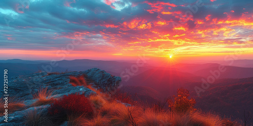 Stunning nature: colorful sunrise over the mountains creating a beautiful landscape with shades of orange, yellow and red.