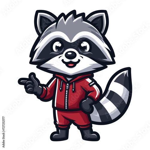 Cute adorable raccoon with sport dress cartoon character vector illustration, funny racoon flat design template isolated on white background
