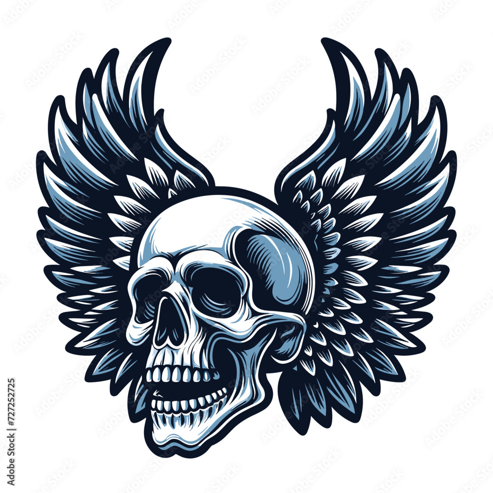 Skull wings vector illustration, winged skull badge emblem template suitable for apparel t-shirt, poster, motorbike club logo, tattoo. Design isolated on white background Skull wings vector illustration, winged skull badge emblem template suitable for apparel t-shirt, poster, motorbike club logo, tattoo. Design isolated on white background