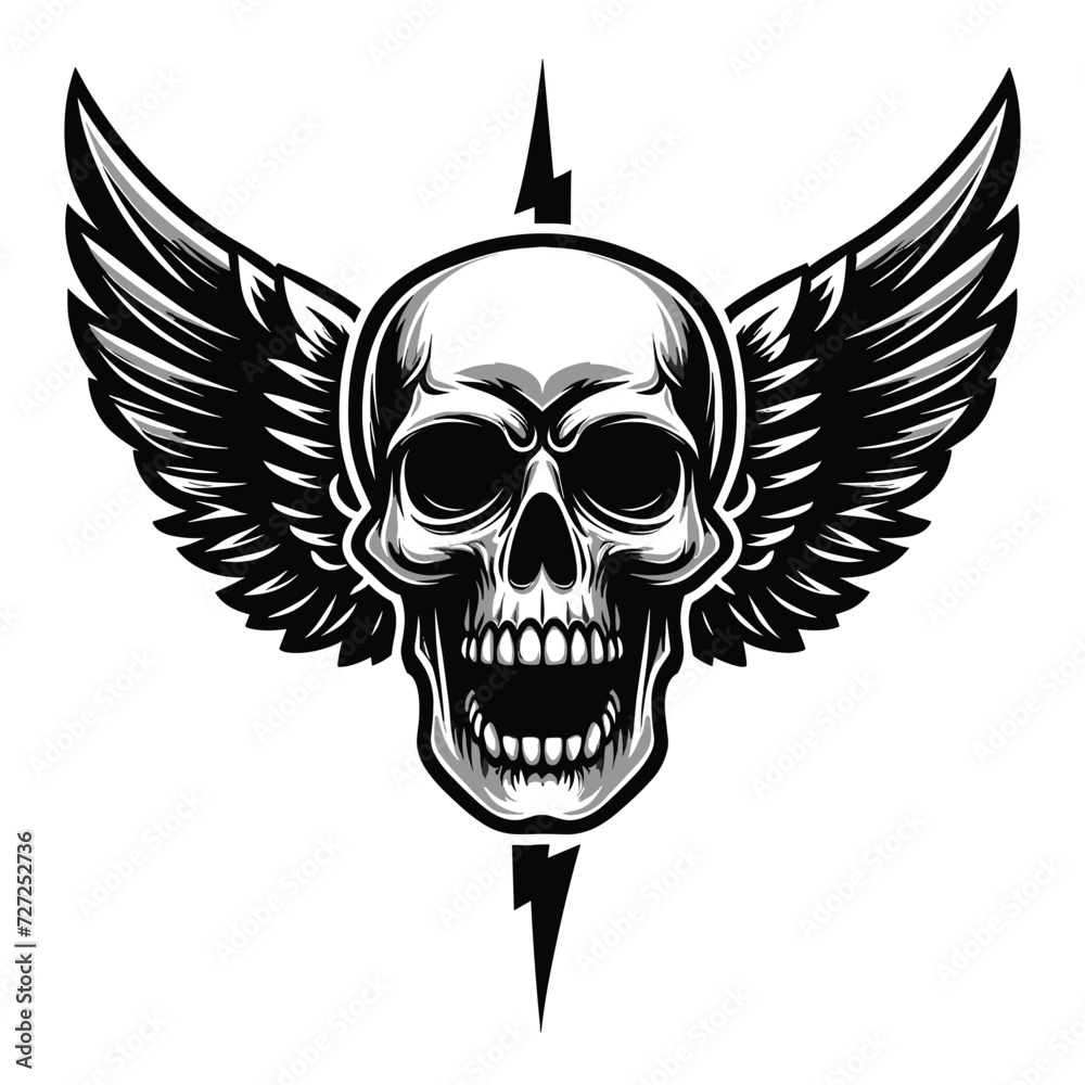 Skull wings vector illustration, winged skull badge emblem template suitable for apparel t-shirt, poster, motorbike club logo, tattoo. Design isolated on white background Skull wings vector illustration, winged skull badge emblem template suitable for apparel t-shirt, poster, motorbike club logo, tattoo. Design isolated on white background