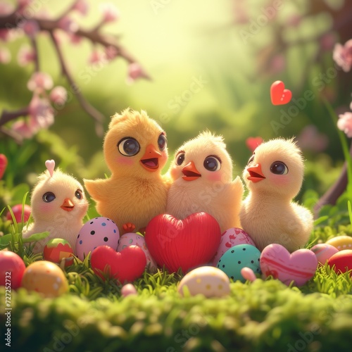 3d Easter greeting card. Festive illustration of cute chicken family, hearts and eggs on spring grass