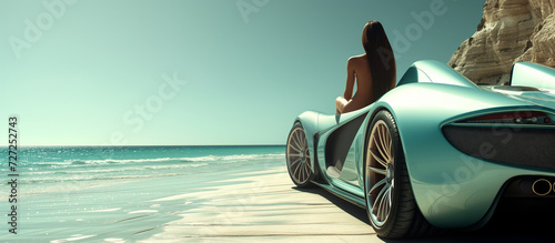 A beautiful naked woman on an expensive silver car on the beach. Summer concept photo