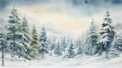 Snow-covered forests with pine trees. aquarelle Generative AI