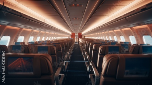 Spacious and modern aircraft cabin interior with comfortable seats, ambient lighting, and passengers enjoying the flight Generative AI