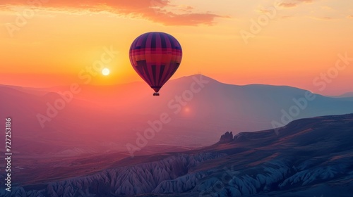 Spectacular mountain vista in Turkey with the silhouette of a hot air balloon gliding against the stunning backdrop of the setting sun, creating a mesmerizing scene Generative AI