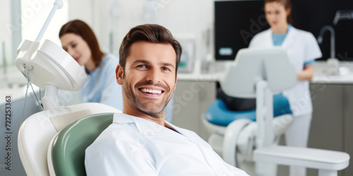 Dental Care: A Happy Caucasian Dental Team Working together in a Modern Clinic