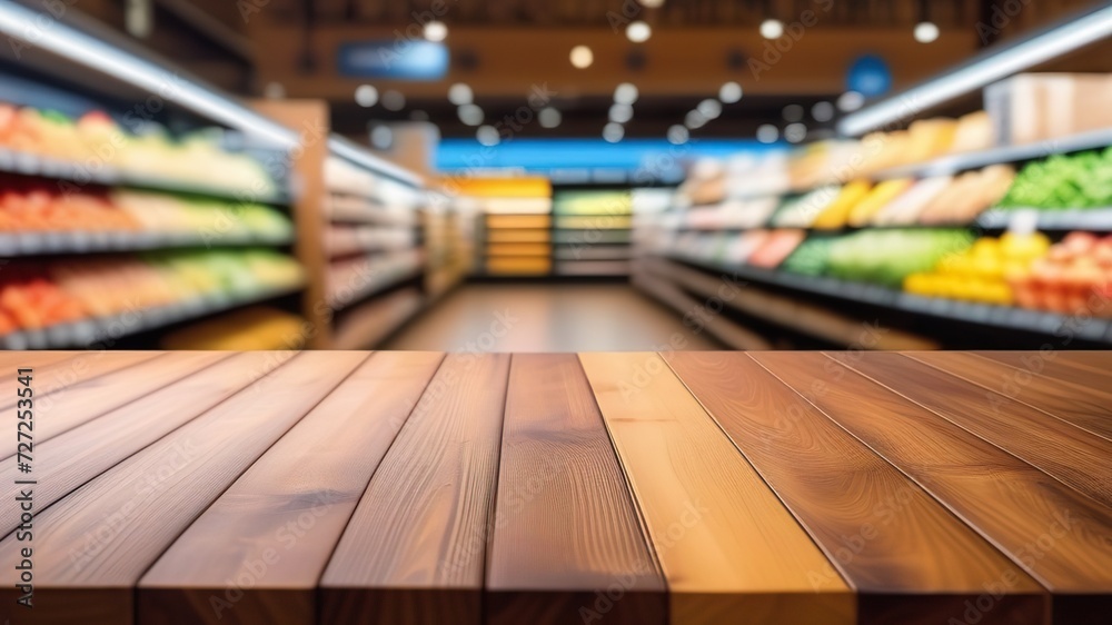 Empty wooden table top with blur grocery store background. Generated AI