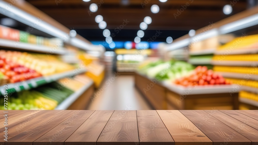 Empty wooden table top with blur grocery store background. Generated AI