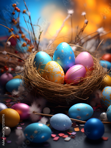 easter colorful eggs in nest