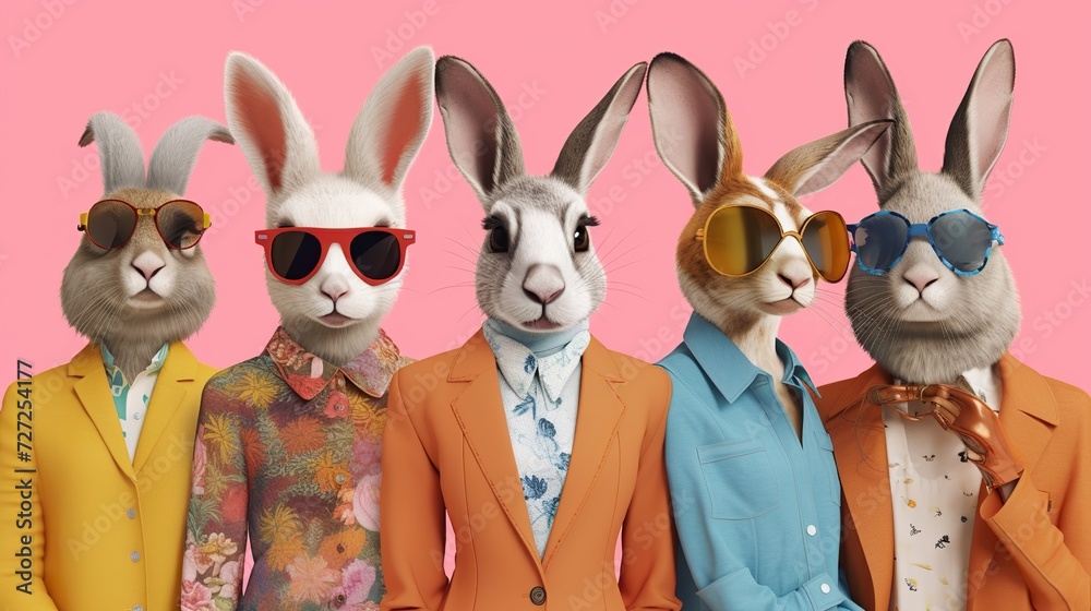A lively gathering of rabbits dressed smartly in suits and sporting sunglasses. - obrazy, fototapety, plakaty 