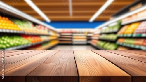 Empty wooden table top with blur grocery store background. Generated AI