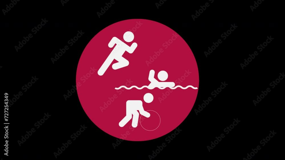 Pictograma de los Juegos Olímpicos de lado izquierdo con el deporte triatlón con alpha en un circulo rojo