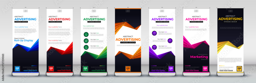 abstract Roll Up Banner for Stand Poster Brochure flat design template creative concept in blue, red, green, orange, purple, pink and yellow