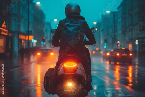 A lone figure braves the wet city streets on their trusty motorcycle, the wheels cutting through the rain as they race towards their destination under the glow of streetlights