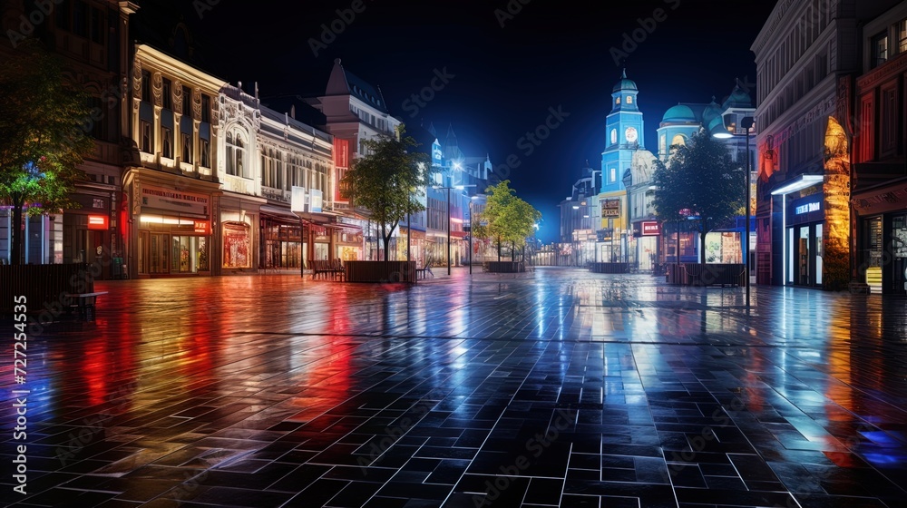 An empty city square with neon shops