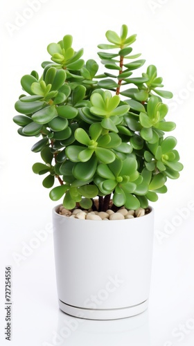 Stock image of a Jade Plant on a white background, thick, succulent leaves, symbolic of good luck and prosperity Generative AI