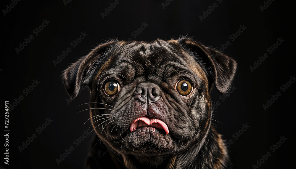 A black pug with brown patches around its eyes and mouth Its tongue out and it has big eyes with black background A black pug with brown patches around its eyes and mouth Its tongue out and it has big eyes with black background