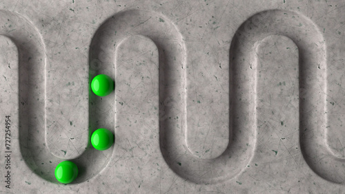 Green balls in geometry deepening on a marble 3D background. Smooth light, realistic graphics. 3d rendering