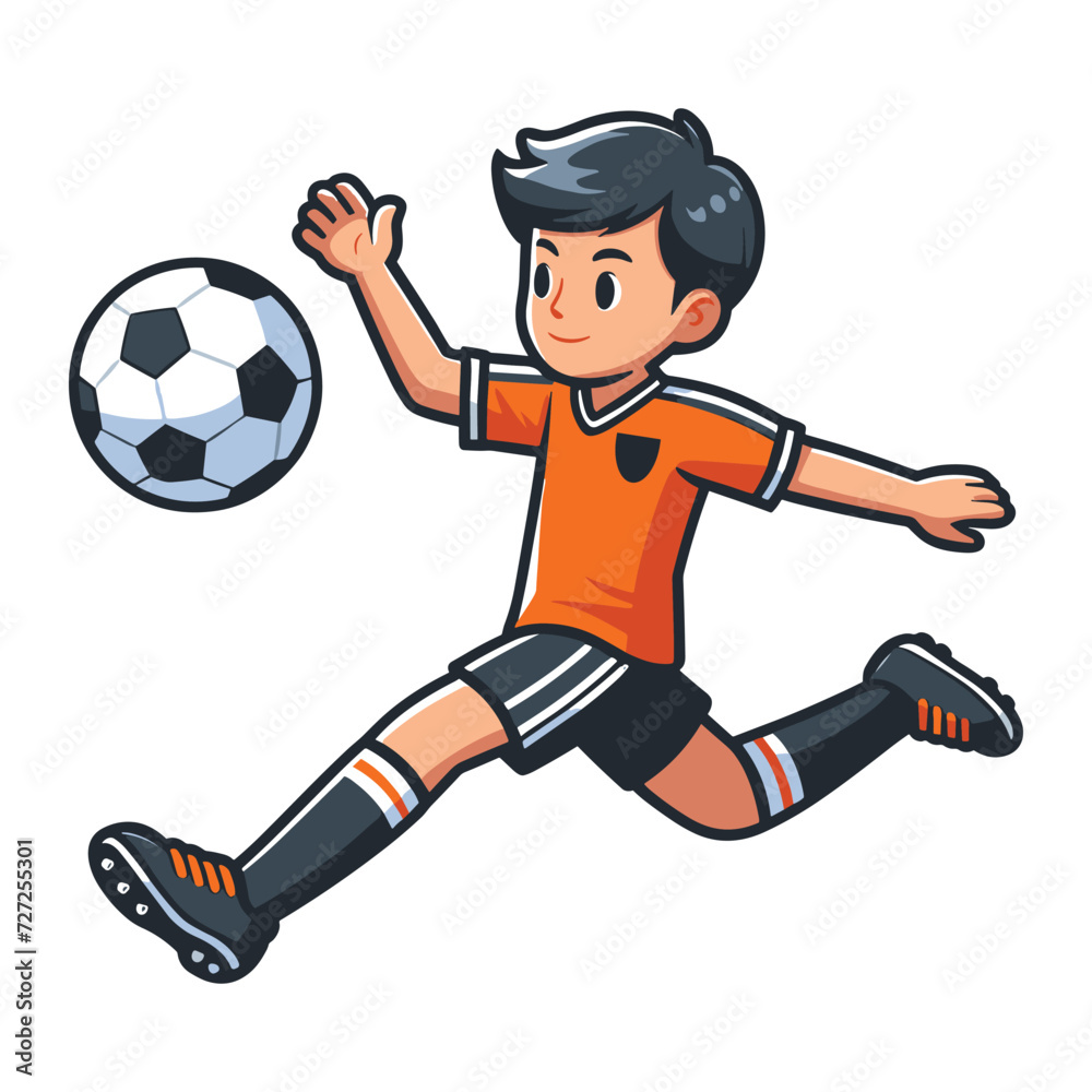 Happy cute little boy playing soccer football game in action cartoon vector illustration, kid player kicking ball design template isolated on white background
