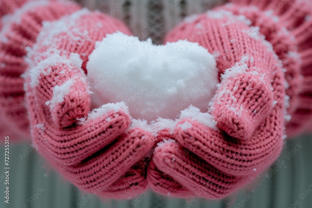 Hands in pink knitted woolen mittens hold heart shaped snowball, banner, background Hands in pink knitted woolen mittens hold heart shaped snowball, banner, background