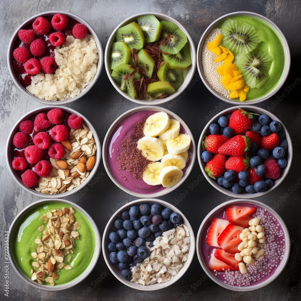 Stock image of a variety of colorful smoothie bowls with fresh fruit toppings, nutritious and delicious Generative AI Stock image of a variety of colorful smoothie bowls with fresh fruit toppings, nutritious and delicious Generative AI