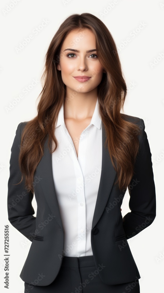 Stock image of a woman in professional attire against a white backdrop Generative AI