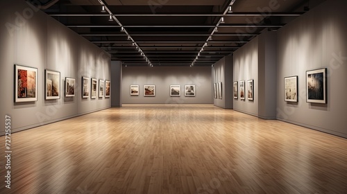 An empty gallery hall with moka paintings on the walls