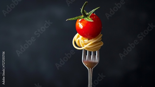 a fork with spaghetti and tomatoes.