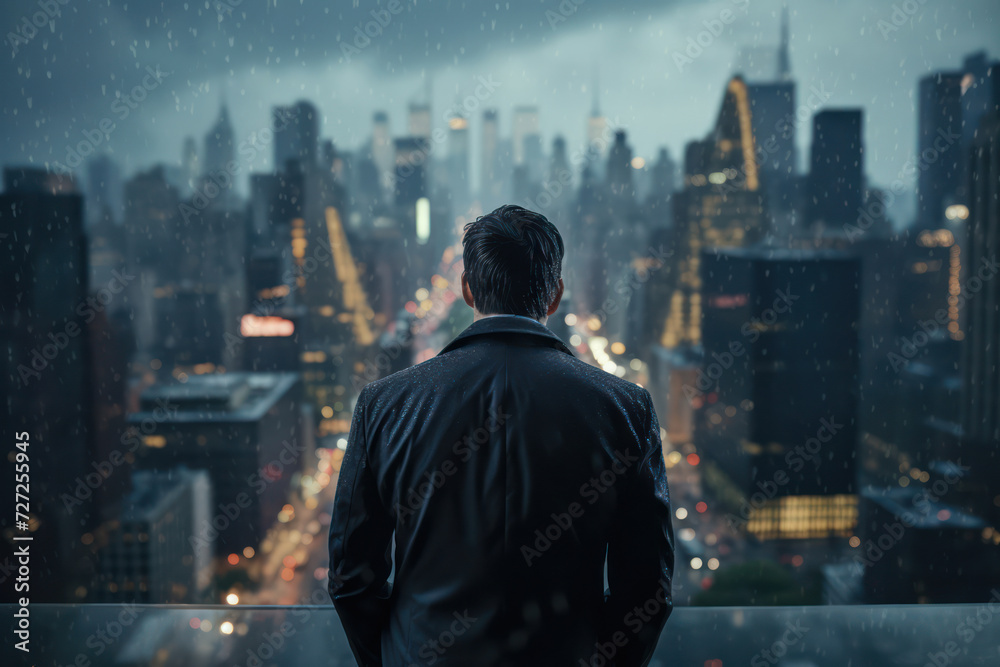 Rainy Night Reflections: A Pensive Young Businessman, Standing Alone, Contemplates Success in the Urban Skyline