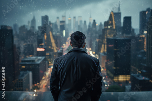 Rainy Night Reflections: A Pensive Young Businessman, Standing Alone, Contemplates Success in the Urban Skyline