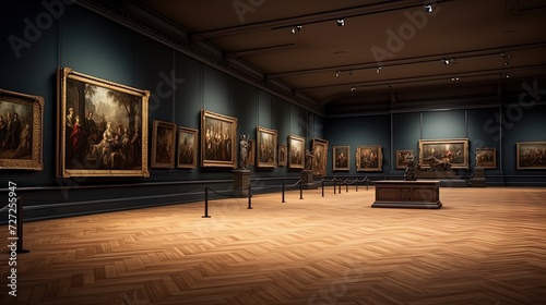 An empty museum hall with arts from art on the walls photo