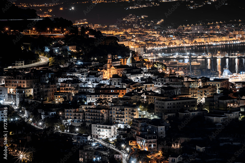 night panorama of the historic center of Vietri sul Mare, a seaside village on the Amalfi coast