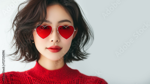 Young asian woman wearing red heart shaped sunglasses on white background.