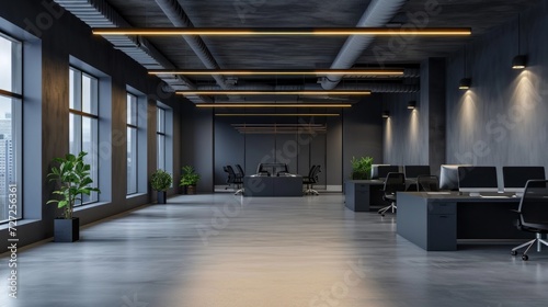 Stylish modern office space featuring rows of sleek light fixtures  generating a professional and well-illuminated area conducive to focused work Generative AI