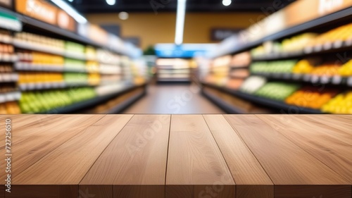 Empty wooden table top with blur grocery store background. Generated AI