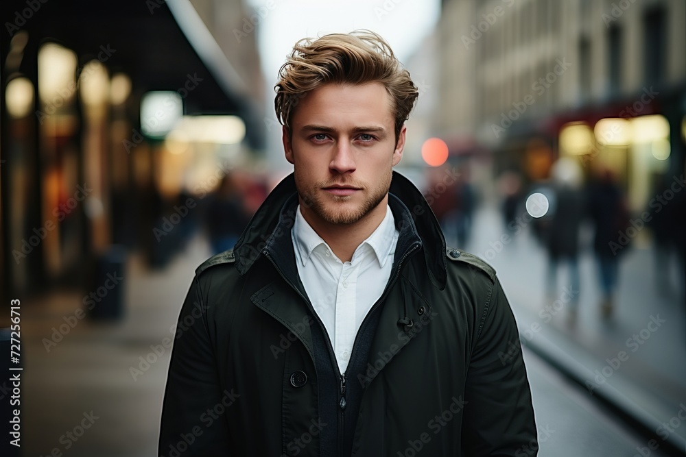 A man in a black jacket stands on the street looking at the camera A man in a black jacket stands on the street looking at the camera