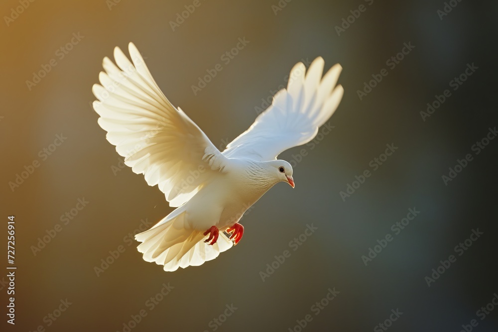 Obraz premium a white dove flying through cloudy blue sky.