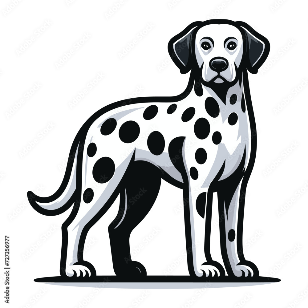 Cute adorable dalmatian dog cartoon character vector illustration, funny pet animal dalmatian puppy flat design mascot logo template isolated on white background