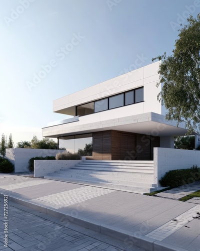 Modern White Residence Exterior with Double Garage and Welcoming Front Facade