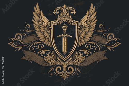 Medieval Shield Emblem: Vintage Label Design with Weapon Motif and Heraldic Print