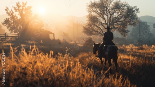 The gritty reality of a cowboy's morning routine--saddling up horses and preparing for a day's hard work on the ranch Generative AI © vadosloginov
