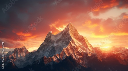The tranquility of a mountain sunrise, casting warm hues over jagged peaks and creating a stunning vista. Generative AI © vadosloginov