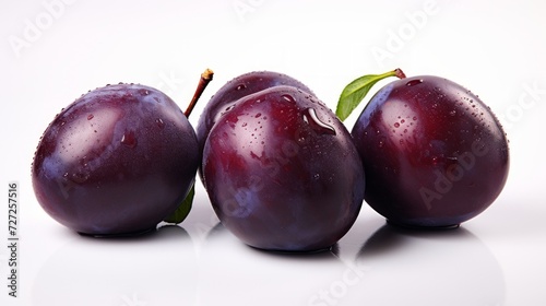 Three ripe plums captured in a close-up realistic photo against a white background Generative AI
