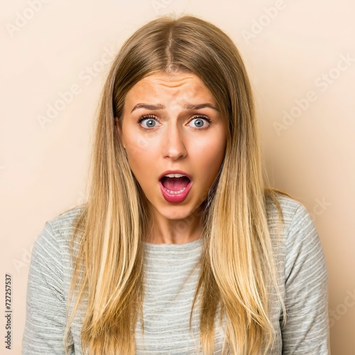 Young woman with shocked. portrait of a surprised caucasian girl. attractive blonde expressive female
